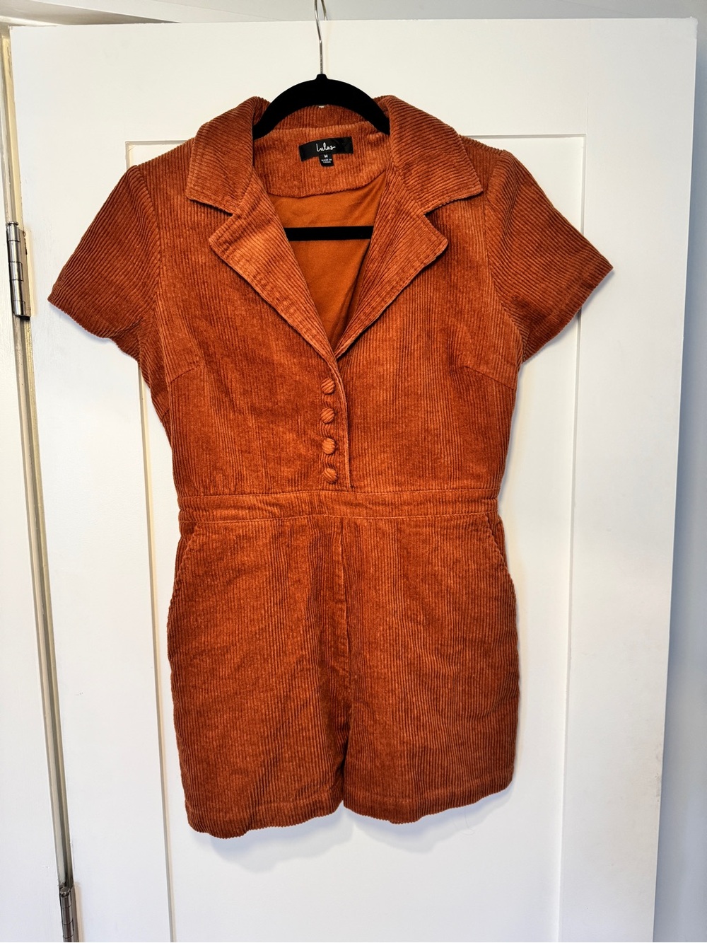 Lulu's Short-Sleeve Corduroy Romper in Rust Orange